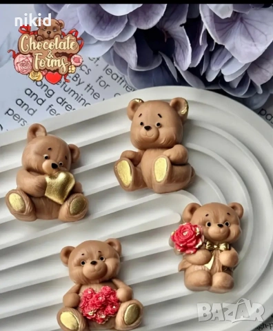 4 пози мече мечета сърце букет цветя силиконов молд форма фондан шоколад гипс смола бонбони декор, снимка 7 - Форми - 53741092