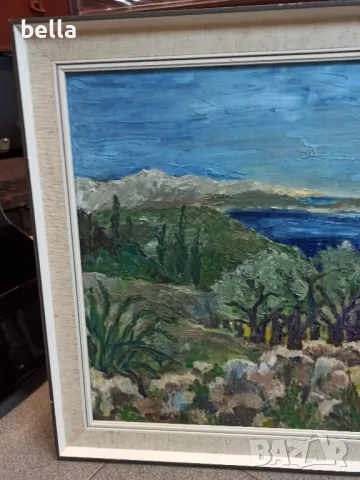 Голяма авторска картина -Пейзаж-масло върху фазер рамкирана и подписана 1969 год., снимка 4 - Картини - 47316322