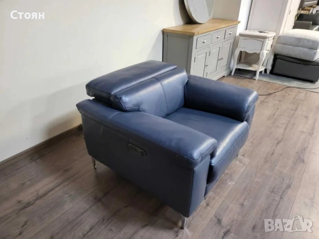 Син кожен фотьойл с електрически релаксиращ механизъм, снимка 8 - Дивани и мека мебел - 52010940