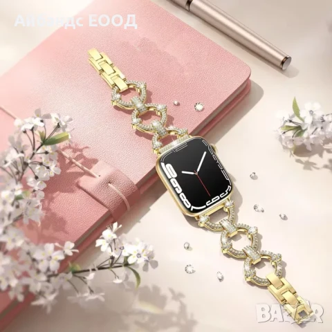 Стоманена каишка с кристали за Apple Watch ULTRA/SE/10/8/7/6/5/4, снимка 6 - Каишки за часовници - 49456626