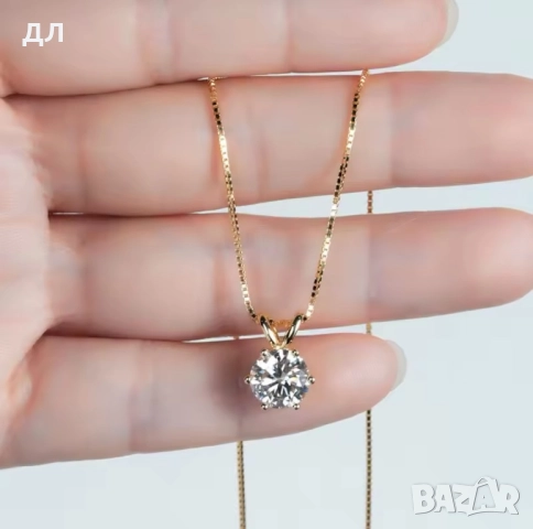 Сребърно колие с позлата с диамант, мойсанит 2 карата, снимка 6 - Колиета, медальони, синджири - 49331323