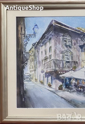 Картина, акварел, пейзаж, къщи, кафене, подписана, снимка 3 - Картини - 50454489