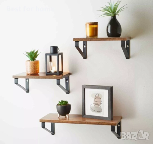 Комплект от 3 рафта, черен метал, с дървен рафт