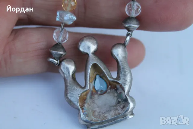 Дамско сребърно колие с естествени перли , планински кристал централен камък топаз, снимка 11 - Колиета, медальони, синджири - 50380165