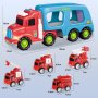 LEYAOYAO Камион с 4 противопожарни коли със светлини и звуци, играчка за малки деца, снимка 4