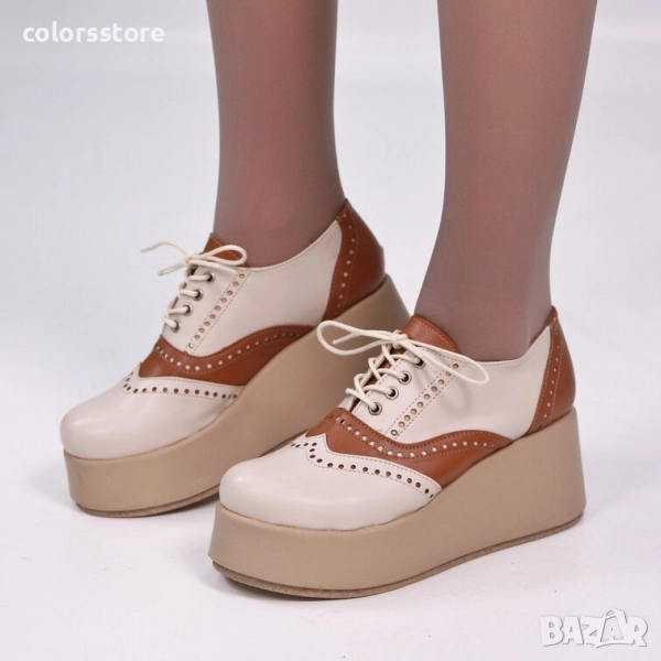 Обувки на платформа - бежово и кафяво кожа - 450-L , снимка 1