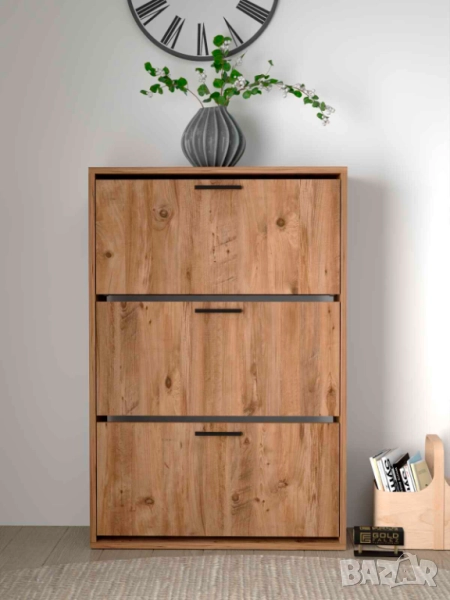 Шкаф за обувки с 3 падащи врати – бял и дървесен цвят/Шкафче за обувки, снимка 1