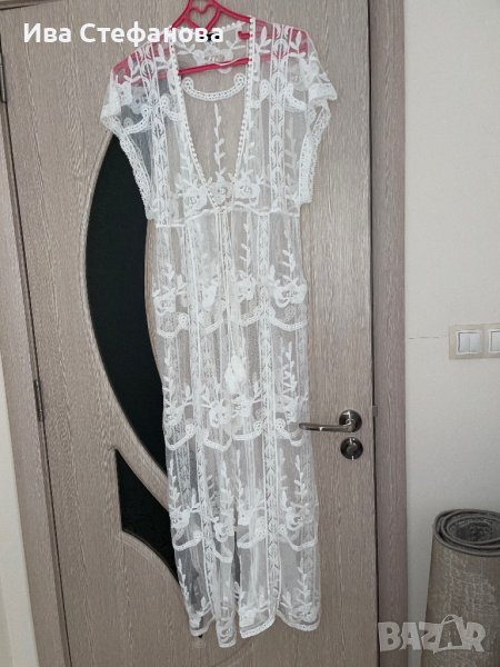 нова ефирна плажна бяла памучна памук дантелена наметка плажна дълга риза кафтан плажна дълга рокля , снимка 1
