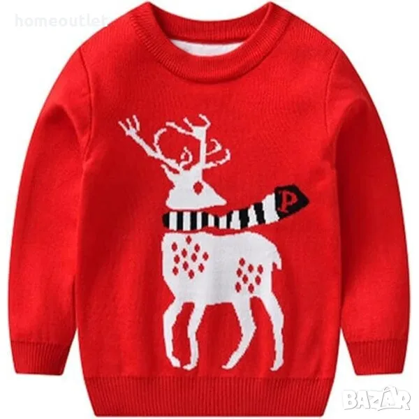 ПРОМОЦИЯ Коледен детски пуловер, р-р 120см / р-р 130см, червен с елен, снимка 1