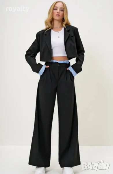 Елегантен дамски черен костюм с широк панталон, снимка 1