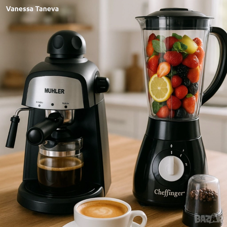 Комплект от еспресо машина + 2 стъклени чаши и блендер с мелничка , снимка 1