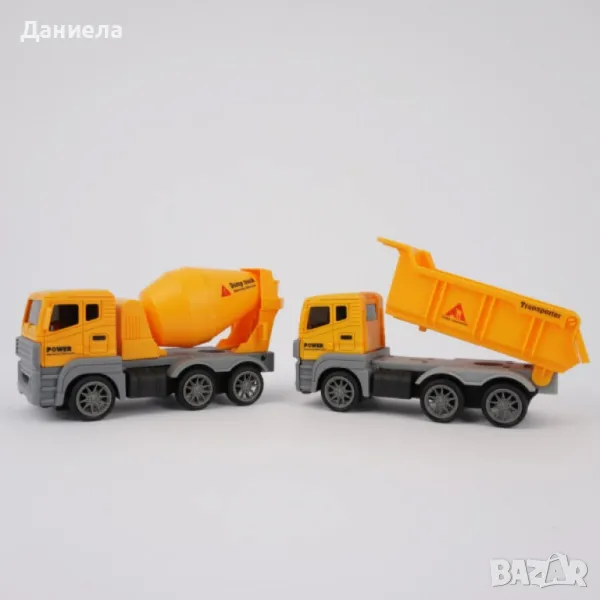 Комплект жълти строителни камиони с въртяща се цистерна и повдигаща се каросерия , снимка 1