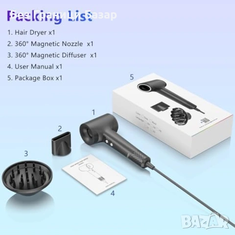 Нов Професионален сешоар 110 000 RPM, йонна технология, дифузер, тих, снимка 8 - Сешоари - 53072719