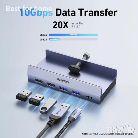 BENFEI 8-в-1 USB C хъб със сигурна скоба – с 4K@60Hz HDMI, Gigabit Ethernet, 100W PD, 10Gbps , снимка 3 - Друга електроника - 53696064