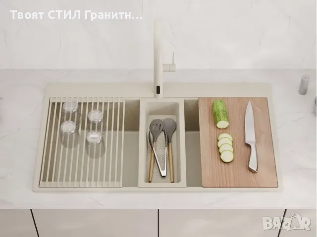 Бежова кухненска гранитна мивка Осло 90 XXL Top 880 x 500 мм