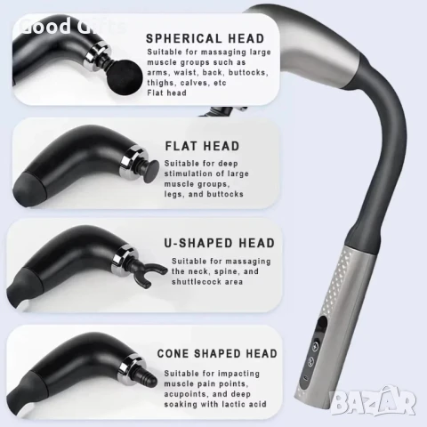 Масажен пистолет с удължена дръжка – 4 накрайника, вибрационен масаж за цяло тяло, антистрес и оформ, снимка 2 - Масажори - 51060929