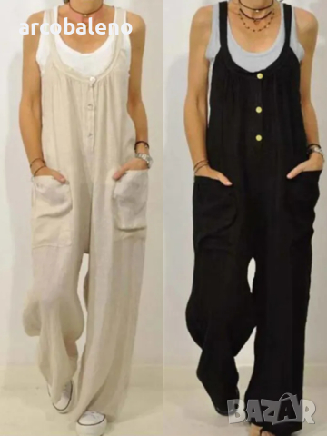 Дамски гащеризон с джобове и плътна еластична лента с копчета. Големи размери, 2цвята 