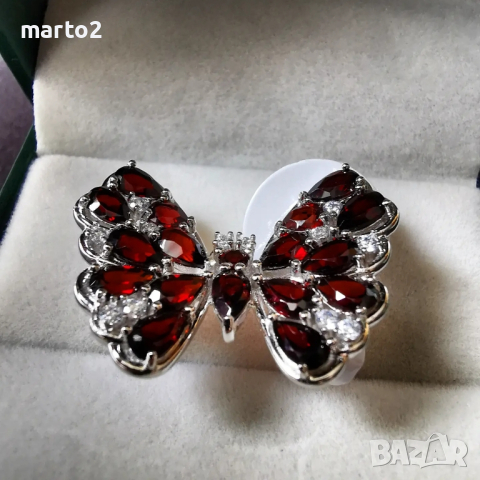 Сребърен 925 пръстен - Пеперуда с Родиево покритие и Натурални Гранати и Циркони!