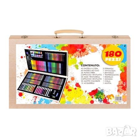 НОВ Комплект за рисуване от 180 части в дървен куфар, многоцветен, снимка 5 - Ученически пособия, канцеларски материали - 36093955