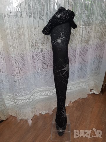 М Черен чорапогащник с паяци от сребрист брокат, снимка 5 - Бельо - 39496390