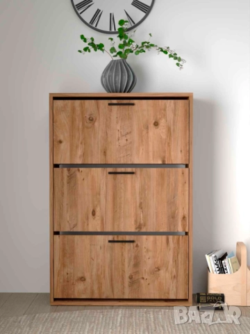 Шкаф за обувки с 3 падащи врати – бял и дървесен цвят/Шкафче за обувки