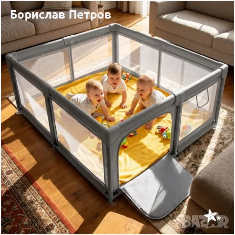 Голяма бебешка кошара за игра 150×180 см – обезопасен кът, сива, снимка 4 - Кошарки - 55805066