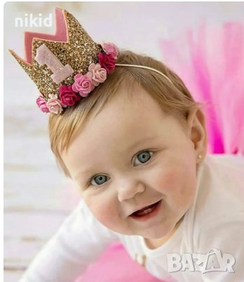 1 година годинка рожден ден бебе детска синя розова златна сребърна корона лента за глава от филц, снимка 3 - Шноли, диадеми, ленти - 27301914