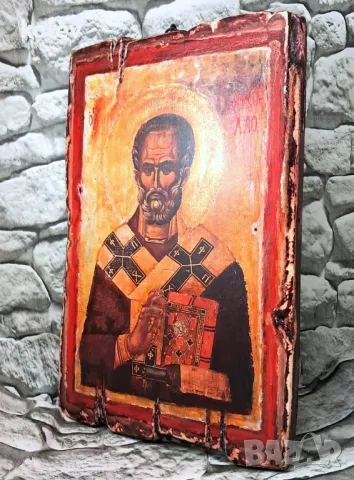 Старинна икона на Свети Николай, реплика художествен декупаж 30/20 см, снимка 2 - Икони - 48283194