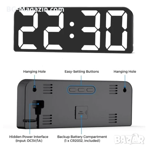 LED електронен часовник с големи цифри за стена или бюро с дистанционно USB светещ на ток аларма, снимка 4 - Други - 51038961