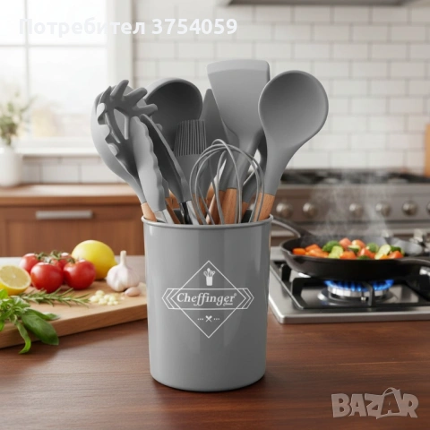 Комплект 12 части кухненски прибори със стойка Cheffinger – силиконови накрайници, дървени дръжки, снимка 6 - Прибори за хранене, готвене и сервиране - 53174040
