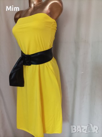 М Жълта рокля с черен кожен колан , снимка 4 - Рокли - 41593168