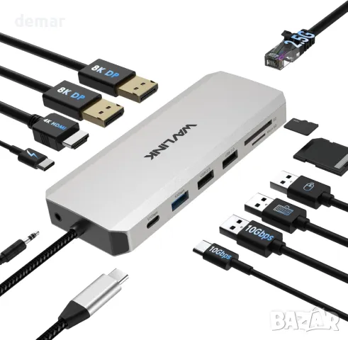 Докинг станция за лаптоп, WAVLINK Displayport докинг станция с двоен DP, HDMI, 100W PD IN, 10Gbps