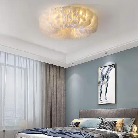 Полилей Таванна лампа Полилей с бяло перо, Модерни LED осветителни, снимка 7 - Лампи за таван - 48970731