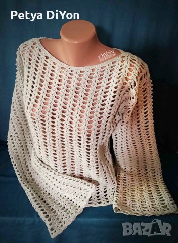 Дамски ръчно плетен на недна кука мрежест пуловер в сиво, снимка 2 - Блузи с дълъг ръкав и пуловери - 42298912