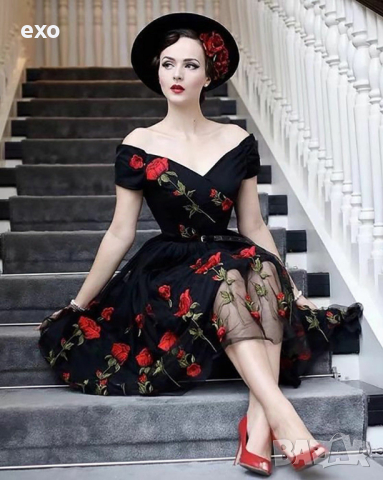 Рокля на рози, Черна рокля с бродерия, Флорална рокля, снимка 3 - Рокли - 44589484