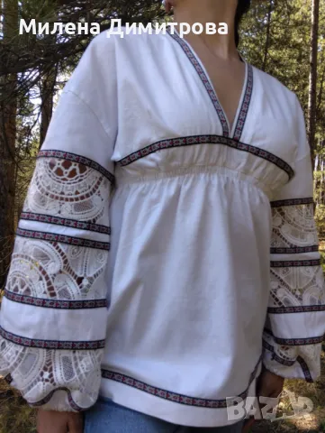 Памучна блуза с етно мотиви и брюкселска дантела , снимка 4 - Ризи - 49975755