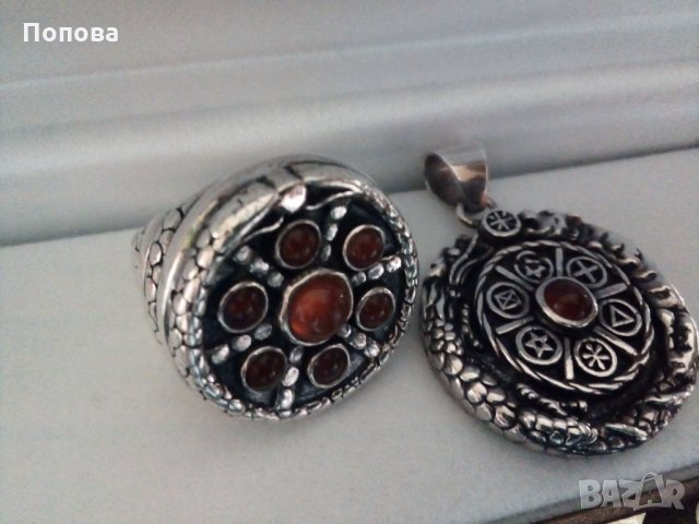 Уникален авторски масивен сребърен комплект с естествени карнеоли