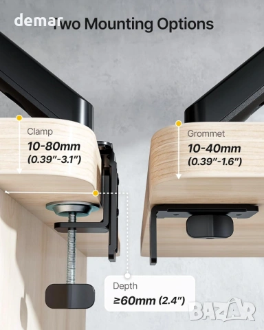 monTEK механична пружинна стойка за бюро за монитор 17–32 инча, до 9 кг, VESA 75x75 / 100x100, снимка 7 - Стойки, 3D очила, аксесоари - 53657394