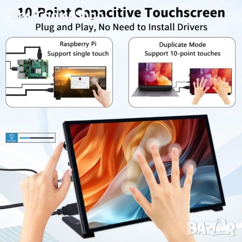 10.1-инчов капацитивен сензорен монитор, 1024x600 IPS LCD, HDMI преносим, снимка 11 - Монитори - 53126544