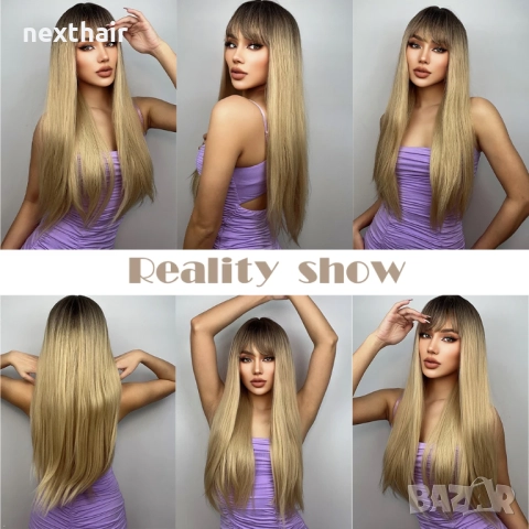 Стилна синтетична перука русо омбре с тъмни корени и бретон, 70 см, снимка 10 - Аксесоари за коса - 52567828