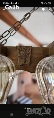 Красива масивна дървена лампа, абажур 6 светлини, немско производство, снимка 4 - Лампи за таван - 52674903