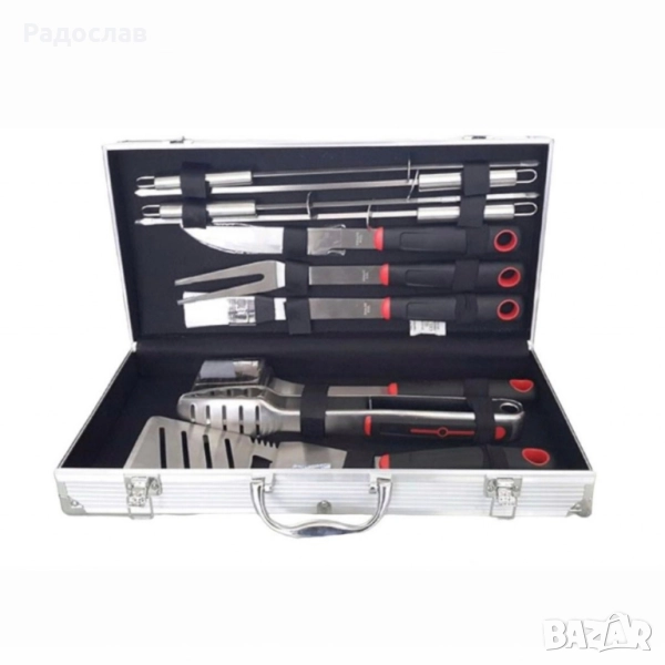 Луксозен комплект от 11 инструмента за барбекю в алуминиев куфар., снимка 1
