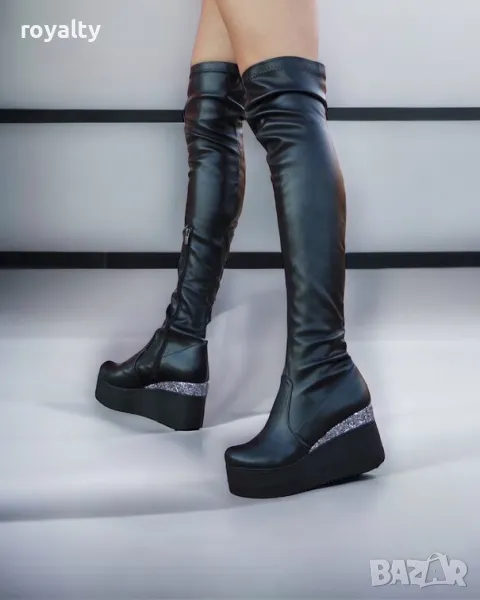 Ботуши на платформа - черна кожа и брокат , снимка 1