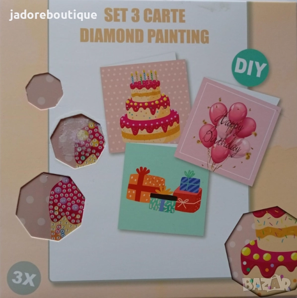 3 броя/ к-кт Диамантени поздравителни картички Happy Birthday, торта, подаръци, снимка 1