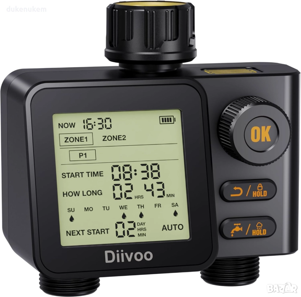 Програматор, таймер за напояване с 2 изхода, 6 независими програми и вграден дъждовен сензор, снимка 1