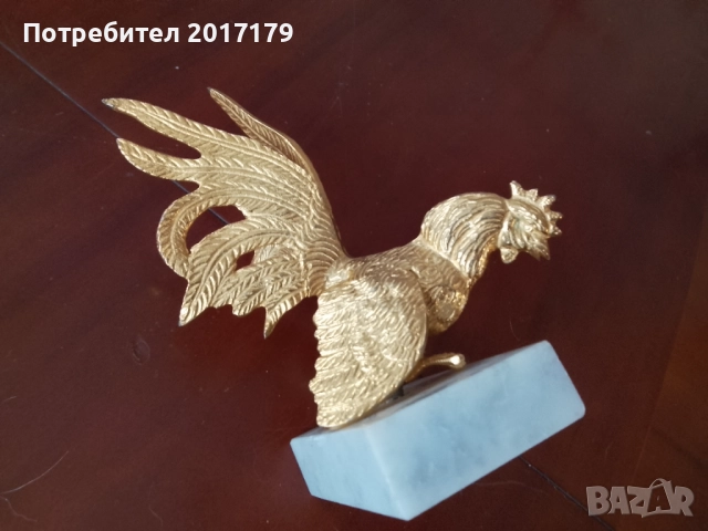 Позлатен месингов петел на мраморна поставка , снимка 2 - Антикварни и старинни предмети - 52591769