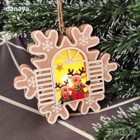 4136 Дървена светеща коледна играчка за окачване Снежинка, снимка 2 - Декорация за дома - 42560946