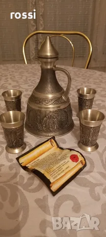 Красив немски сервиз от калай за ракия, греяна ракия, шотове. Неизползван.