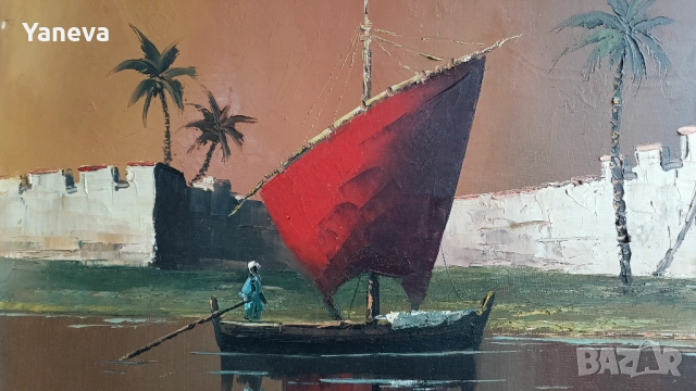 Стара картина , „Ориенталски пейзаж“ с маслени бои върху платно в рамка. , снимка 6 - Картини - 53726938