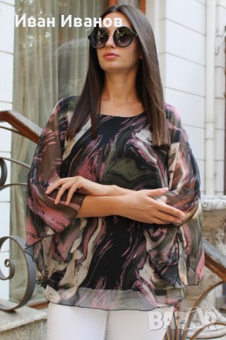 Шифонена блуза на цветни мотиви с ефектен ръкав - 9420, снимка 2 - Блузи с дълъг ръкав и пуловери - 38851536